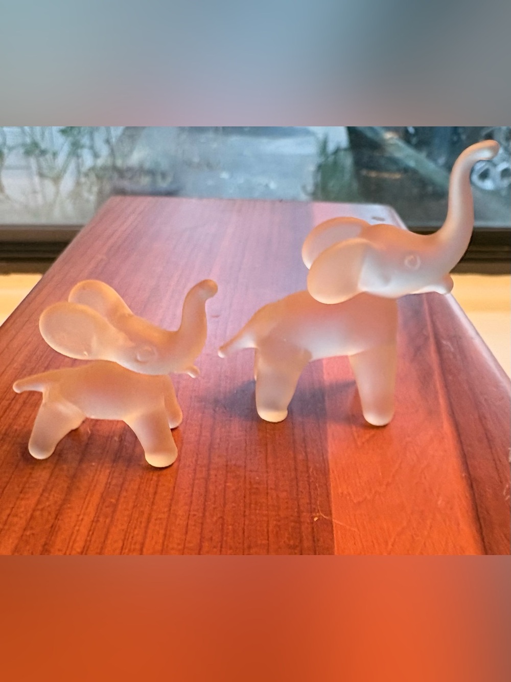 Vintage Elephant Family Figurines Miniature Satin Frosted Glass Vintage Set of 2